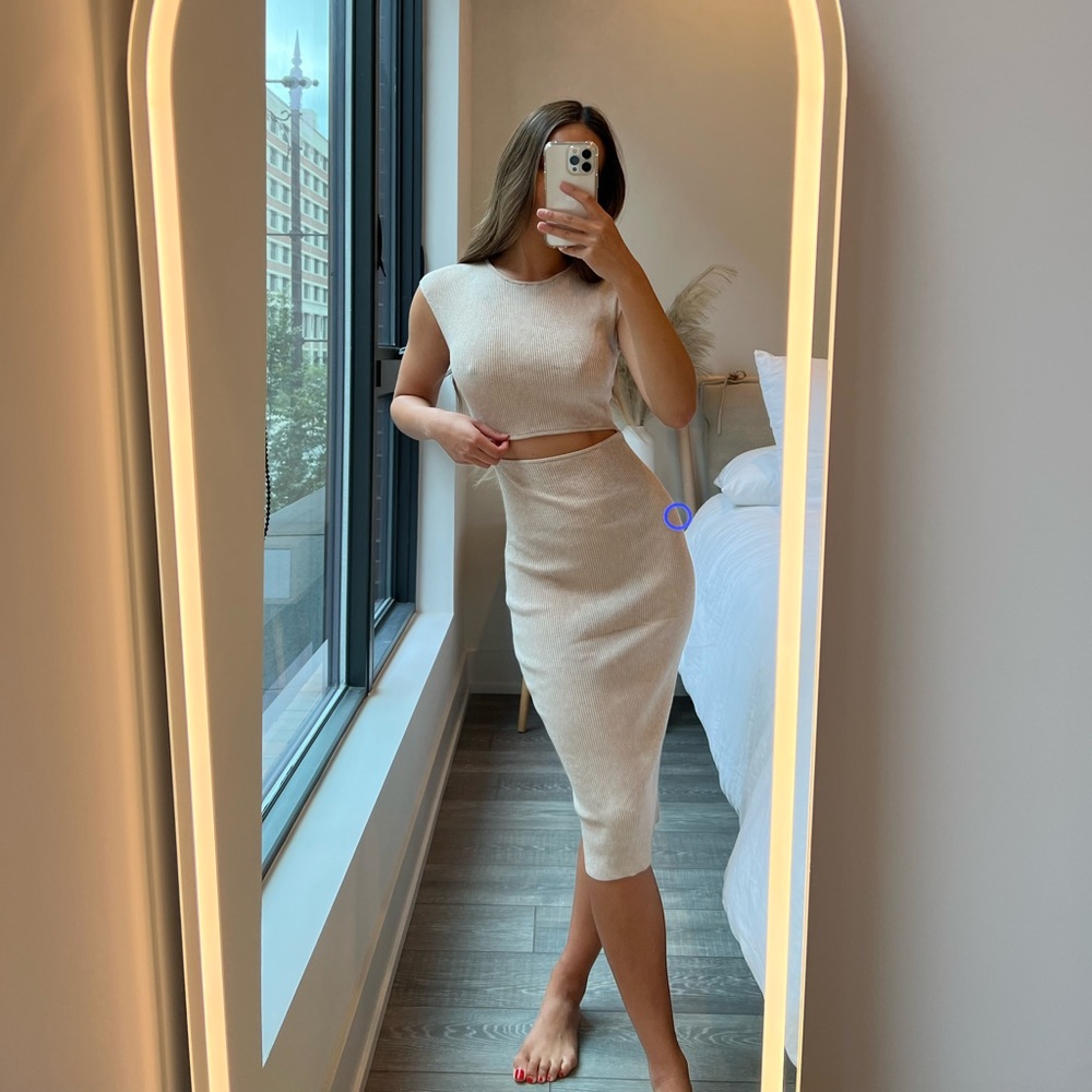 Cut-Out Knit Midi Dress - Heather Bone